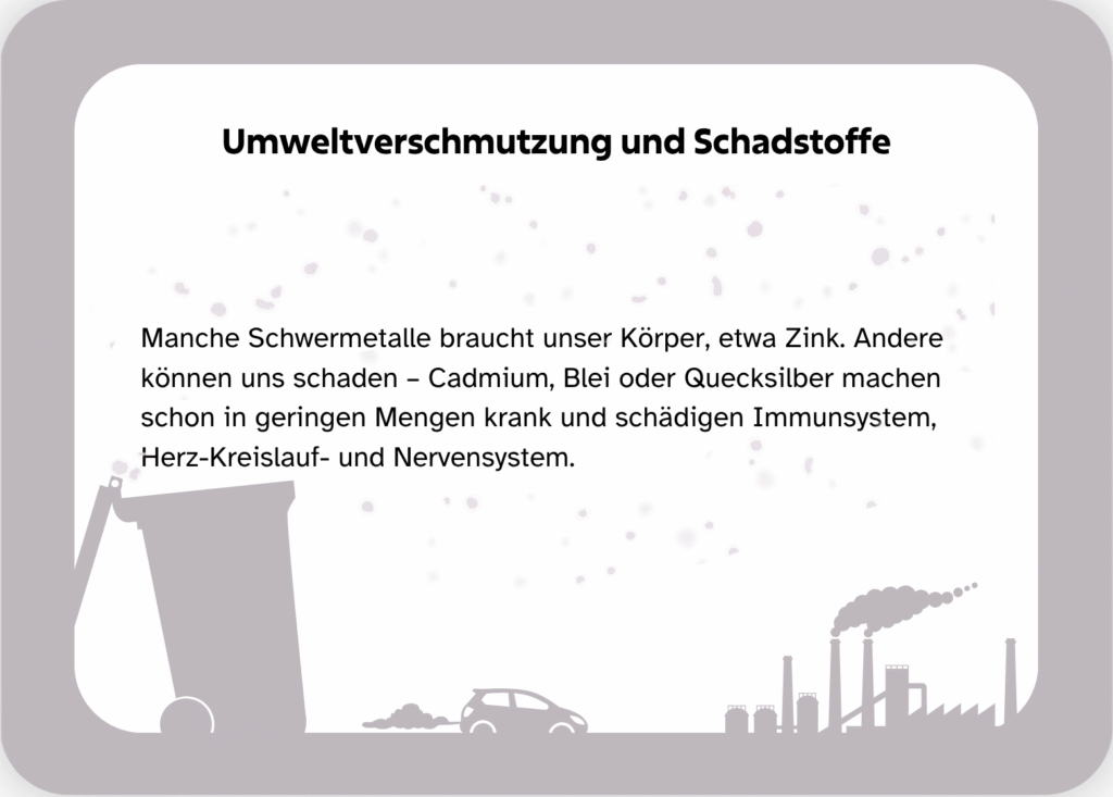 Bildkarte mit Text: Manche Schwermetalle braucht unser Körper, etwa Zink. Andere können uns schaden – Cadmium, Blei oder Quecksilber machen schon in geringen Mengen krank und schädigen Immunsystem, Herz-Kreislauf- und Nervensystem.
