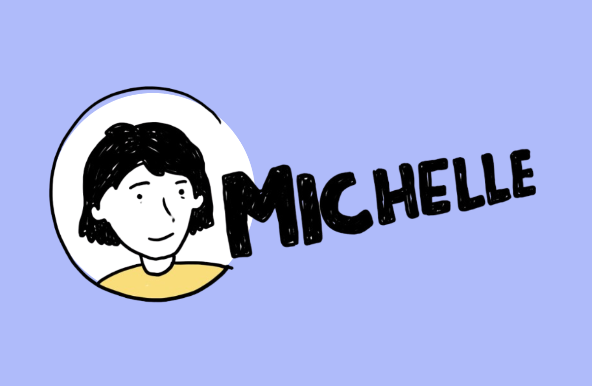Der Kopf von einer Comicfigur. Daneben der Name Michelle.
