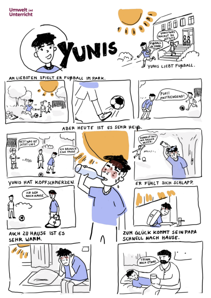 Ein Comic mit mehreren Bilder. Yunis erlebt nach der Schule, wie anstrengend Hitze sein kann.