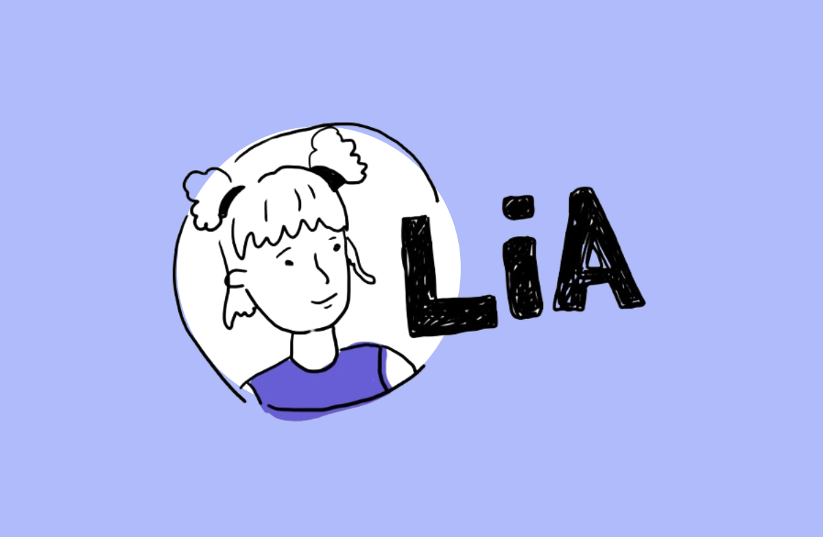 Der Kopf einer Comicfigur in einem Kreis. Daneben der Name: Lia