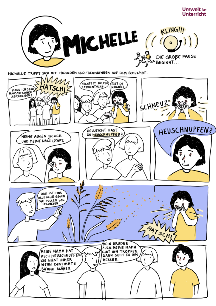 Ein Comic mit verschiedenen Bildern. Michelle hat Heuschnupfen in der Schule.