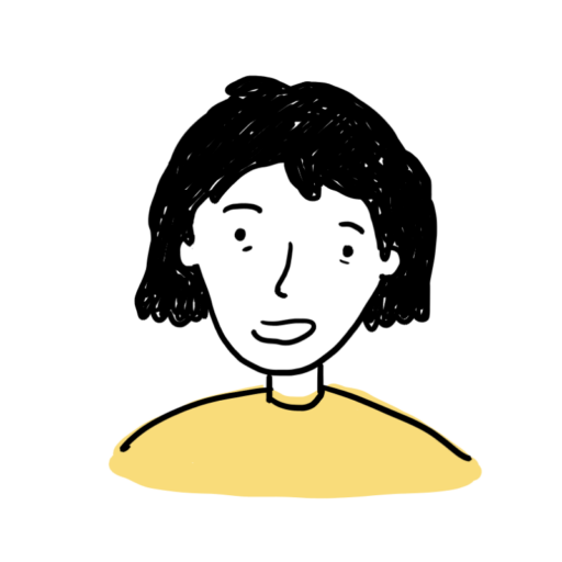 Kopf einer Comicfigur mit kurzen schwarzen Haaren.