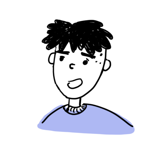Kopf einer Comicfigur. Ein Junge mit schwarzen Haaren.